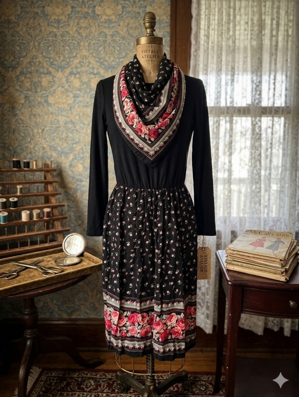VTG 80s Pistachio Floral Border Print Dress with Attached Scarf Collar